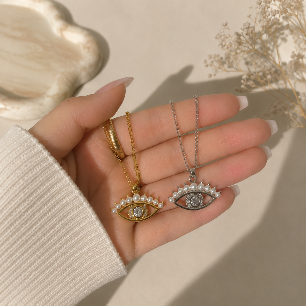 Pearl Crown Evil Eye Necklace