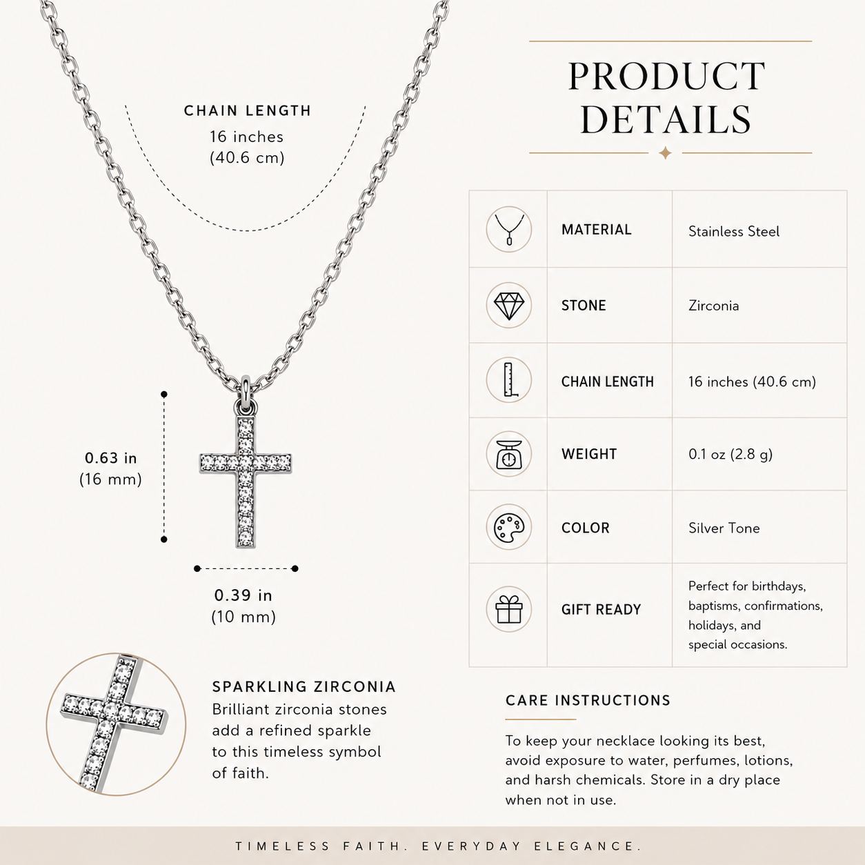 Aureva Zirconia Cross Necklace- Silver Necklace for Women