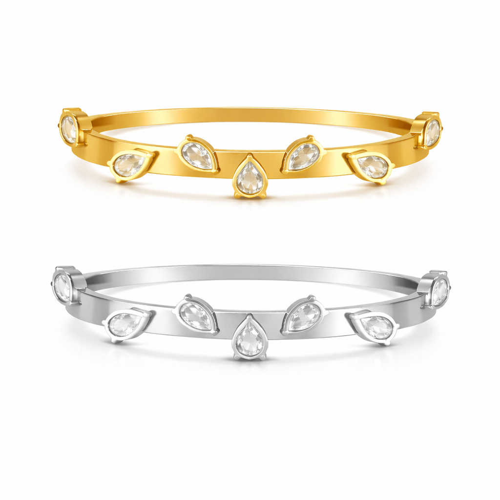 AUREVA Luxury Pear Cut Crystal Bangle - Stainless Steel Gold or Silver Bracelet for Women